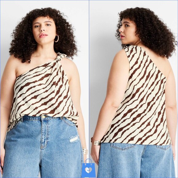 XXL - Womens One Shoulder Knot Top - Future Collective - Cream Brown Striped - Picture 1 of 6